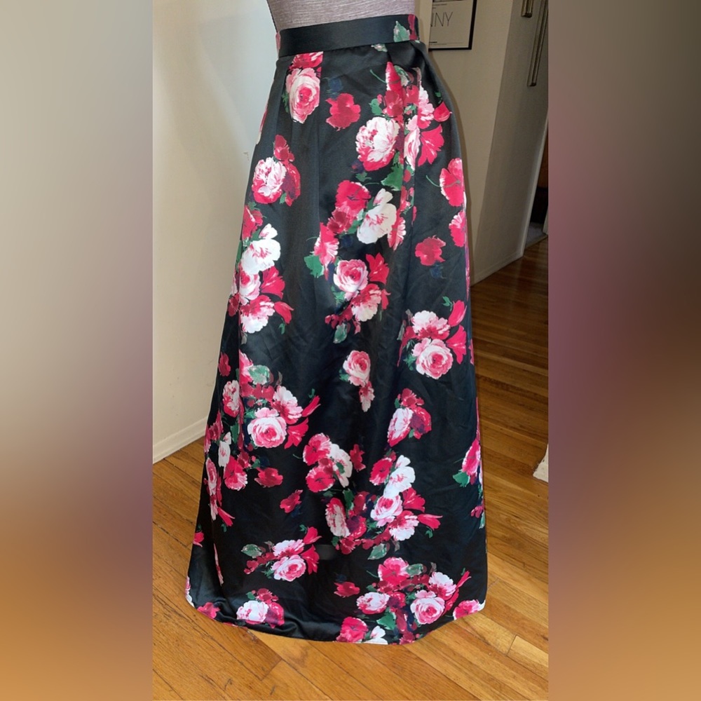 XSCAPE black pink floral satin ballroom maxi full skirt PROM size 0